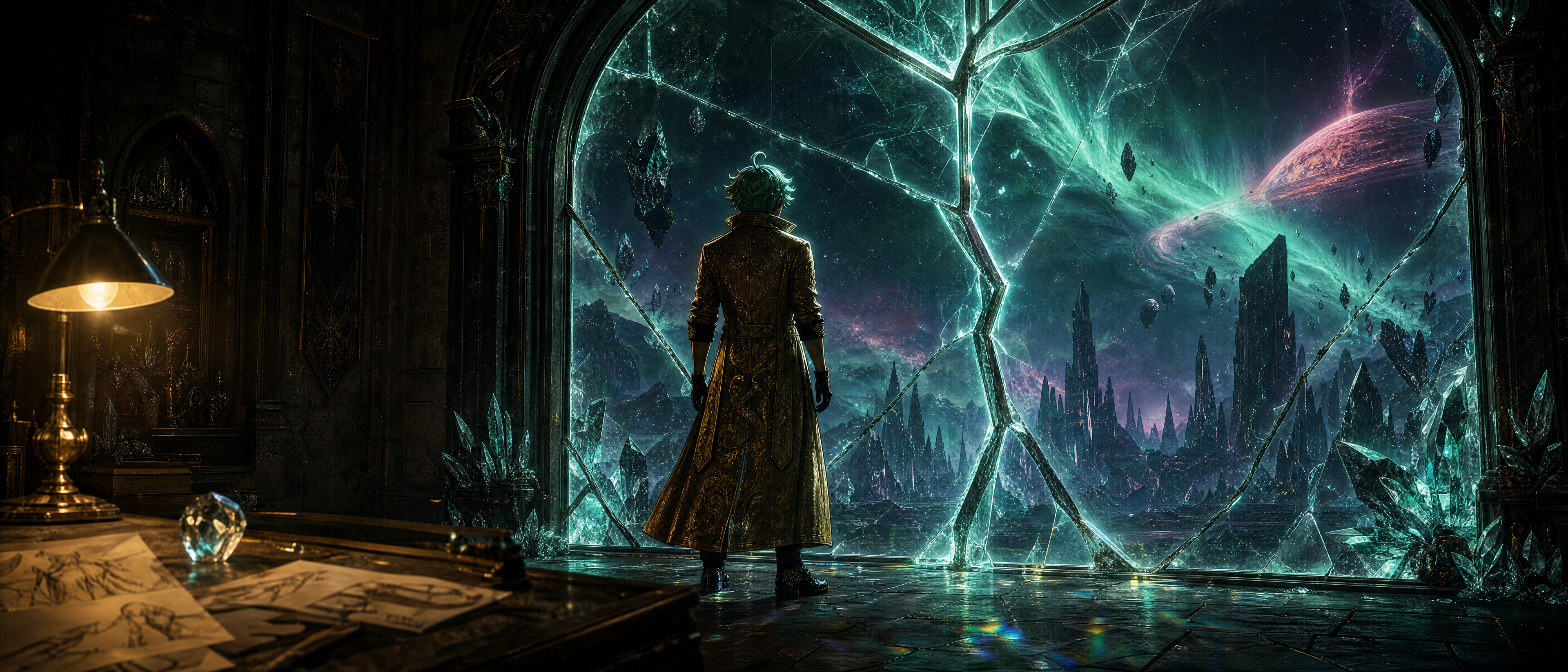 The artist stands at the Observatory window, gold coat catching lamplight, looking out over a cracked crystal world