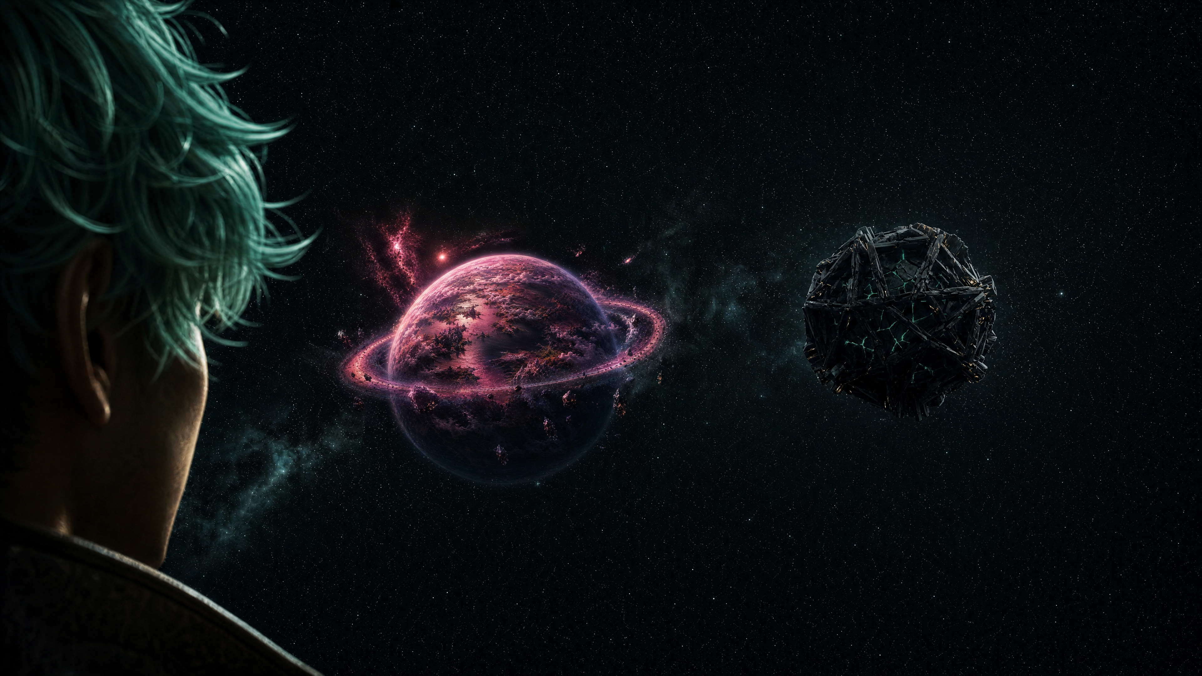 Over the artist's shoulder: two worlds hang in space. A living pink ringed planet, and a dark faceted crystal sphere.