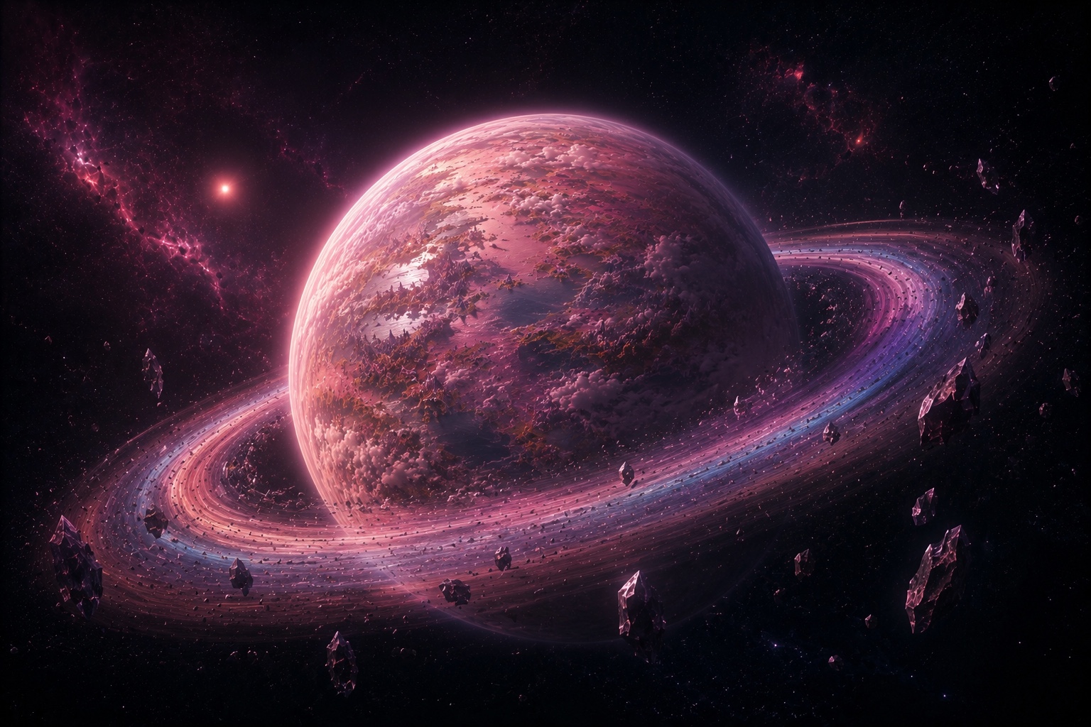 REHM: a living crystal planet wrapped in glowing rose rings