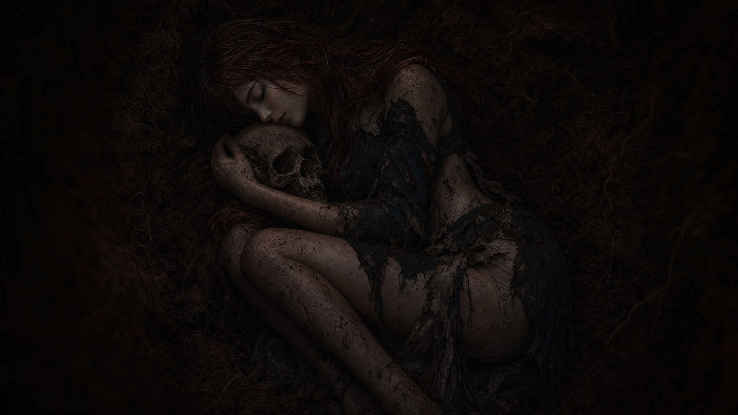 Nomara buried in the earth, curled around a skull. Her maid uniform decayed for five hundred years. Her skin did not.