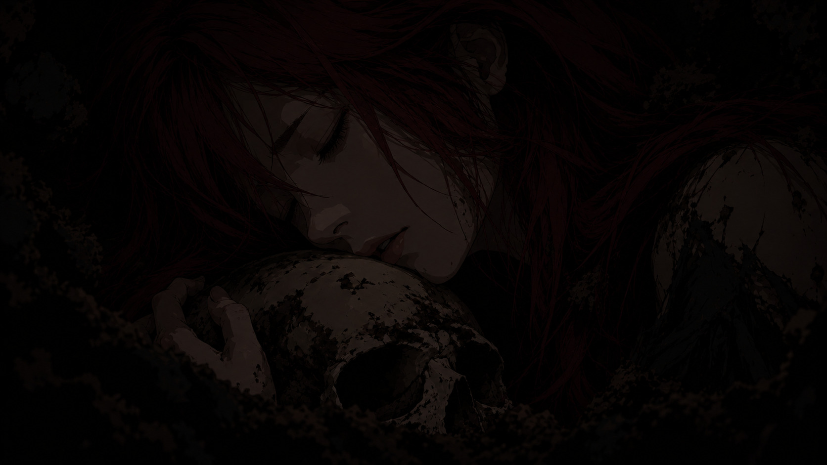 Nomara, eyes closed, resting her cheek against a skull in the dark earth. Her skin is untouched by time.